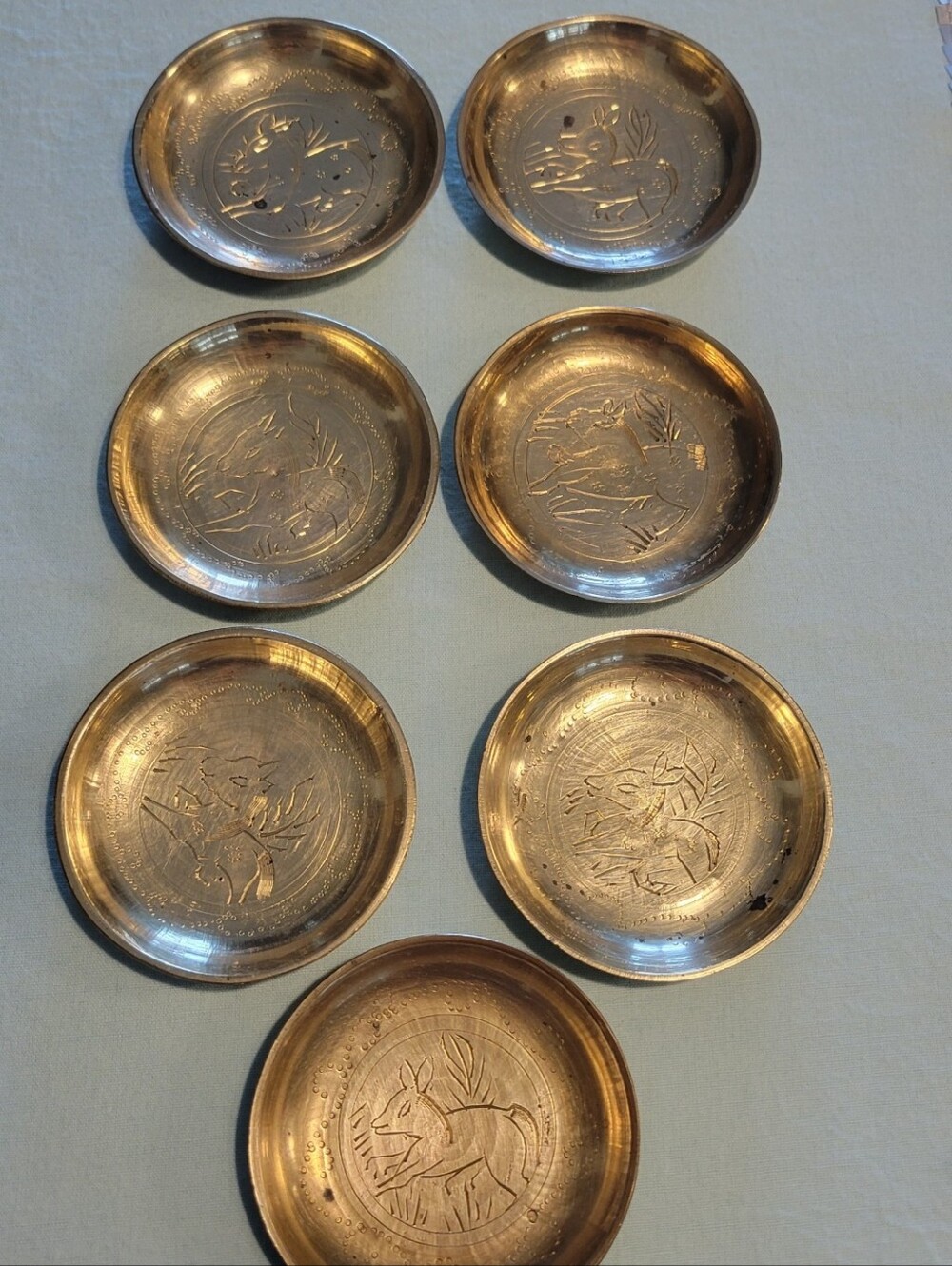 Vintage 7 Pice of Decorative Brass  Hand Etched- Engraved Animal Motifs In China